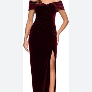 Xscape Off-Shoulder Burgundy Maxi Dress